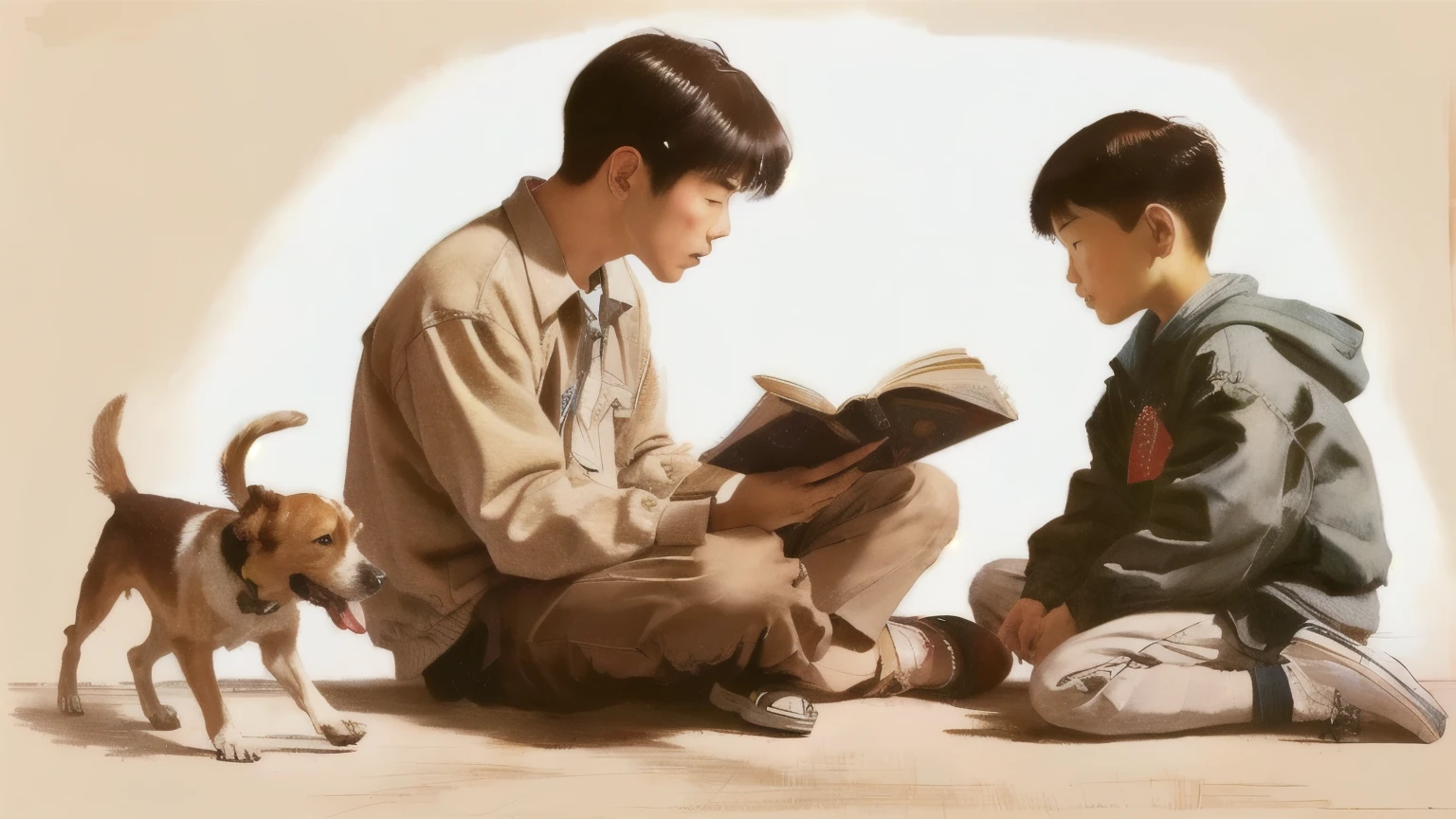 There is a painting，The painting shows a mature man and a boy reading,Next to him is a dog Rob Rey and Kentaro Miura style, by Wen Zhenheng, norman rockwell akihiko yoshida, Norman Rockwell Ross Chen, Nguyen Gia and Joao Nguyen, author Kim Hwan-gi, author Shin Yun-bok, author：Kim Eung-hwan, by Chen Hongshou