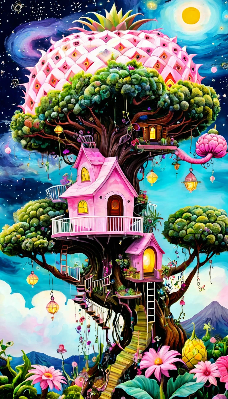 Pink hollow pineapple house on the tree top，The hut glows，(((plant，flower，Tentacles，Eye、Starry Sky，Stitching together an abstract painting)))，Describing the inner world of autistic people，(((Sense of space，White Space)))，interesting，Innocence，Psychedelic Art，Pink theme