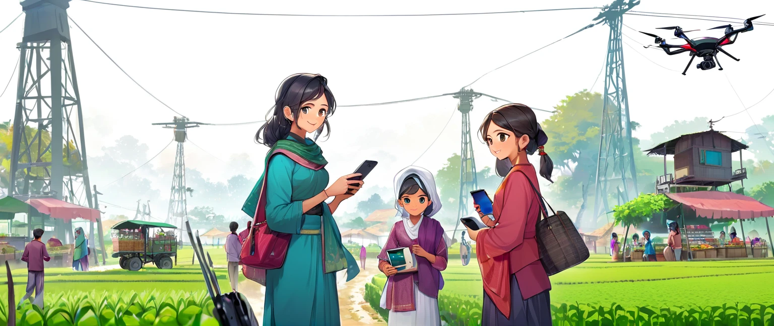 (Bangladesh)), imagen de póster de un paisaje vibrante de Bangladesh, donde convergen tradición y tecnología, a Pueblo Inteligente emerges., Pueblo Inteligente: Uniendo la tradición y la comunidad conectada a la tecnología: Los aldeanos adoptan Internet y las computadoras, mejorar su vida diaria y su trabajo. Agricultura moderna: Agricultores que utilizan teléfonos inteligentes para una mejor gestión de cultivos y acceso al mercado. Familias habilitadas por la tecnología: Familias felices que se benefician de una mejor comunicación y educación a través de la tecnología. Infraestructura innovadora: Torres móviles que garantizan una conectividad perfecta, con drones y robots apoyando la agricultura