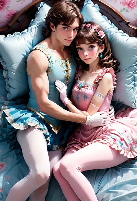 (style-princess) (1 man, 1 catgirl) (hetero, couple) (crossdressing, fully clothed) (brown hair, blue eyes) (portrait) (women's ...