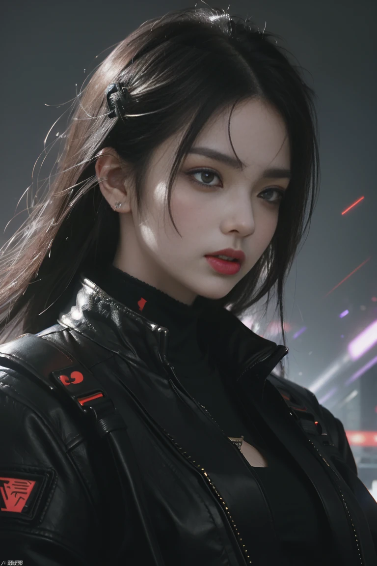 Game art，The best picture quality，Highest resolution，8K，(A bust photograph)，(Portrait)，(Head close-up:1.5)，(Rule of thirds)，Unreal Engine 5 rendering works， (The Girl of the Future)，(Female Warrior)， 22-year-old girl，(White and red gradient，Ancient Oriental hairstyle)，((The pupils of the red eyes:1.3))，(A beautiful eye full of detail)，(Big breasts)，(Eye shadow)，Elegant and charming，indifferent，((Anger))，(Cyberpunk jacket full of futuristic look，Joint Armor，There are exquisite Chinese patterns on the clothes，A flash of jewellery)，Cyberpunk Characters，Future Style， Photo poses，City background，Movie lights，Ray tracing，Game CG，oc rendering reflection pattern