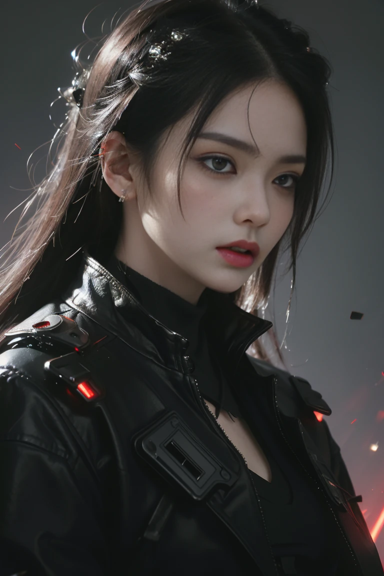 Game art，The best picture quality，Highest resolution，8K，(A bust photograph)，(Portrait)，(Head close-up:1.5)，(Rule of thirds)，Unreal Engine 5 rendering works， (The Girl of the Future)，(Female Warrior)， 22-year-old girl，(White and red gradient，Ancient Oriental hairstyle)，((The pupils of the red eyes:1.3))，(A beautiful eye full of detail)，(Big breasts)，(Eye shadow)，Elegant and charming，indifferent，((Anger))，(Cyberpunk jacket full of futuristic look，Joint Armor，There are exquisite Chinese patterns on the clothes，A flash of jewellery)，Cyberpunk Characters，Future Style， Photo poses，City background，Movie lights，Ray tracing，Game CG，oc rendering reflection pattern