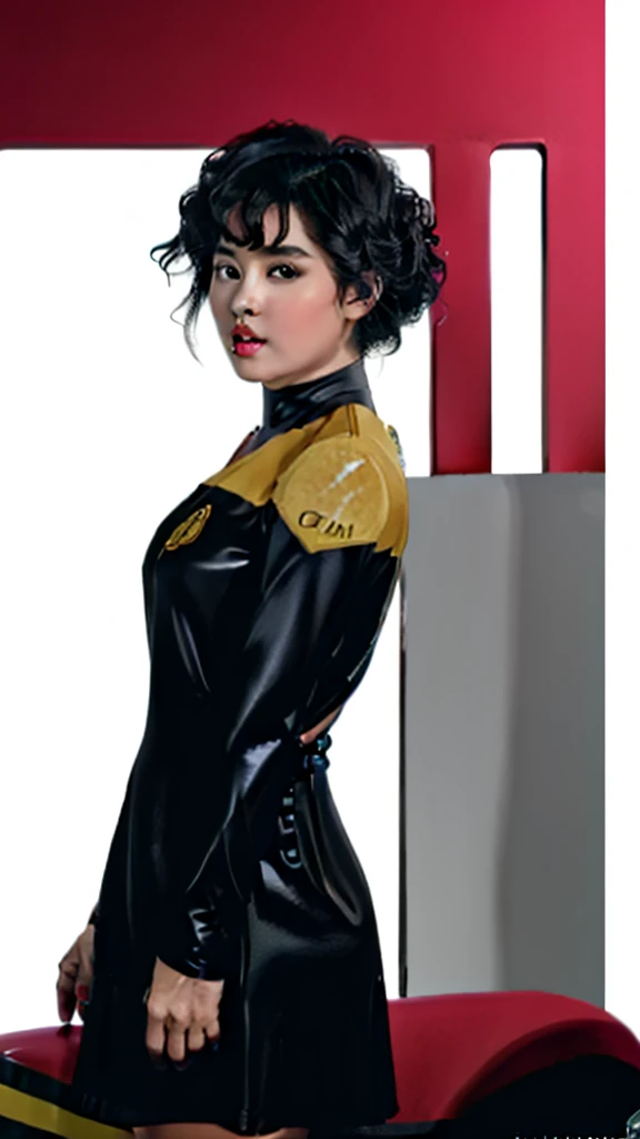 asiatische Frau mit lockigem Haar in schwarz-gelber Voyeur-Uniform , lat3tch3stcut0ut,  Kleid, short latex Kleid, rote Pasteten, 
Auf einem Raumschiff