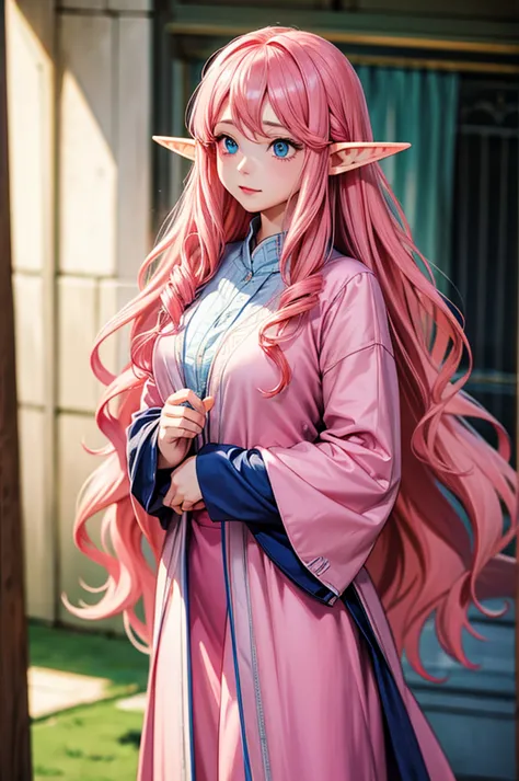 Woman, long wavy hair, pink hair, blue eyes, elf 