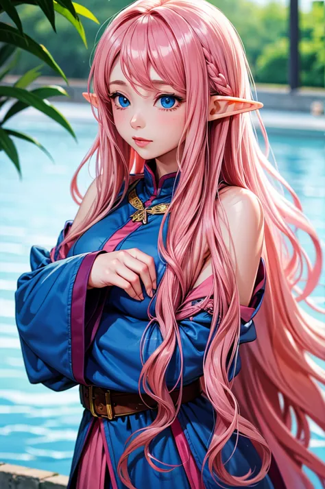 Woman, long wavy hair, pink hair, blue eyes, elf 