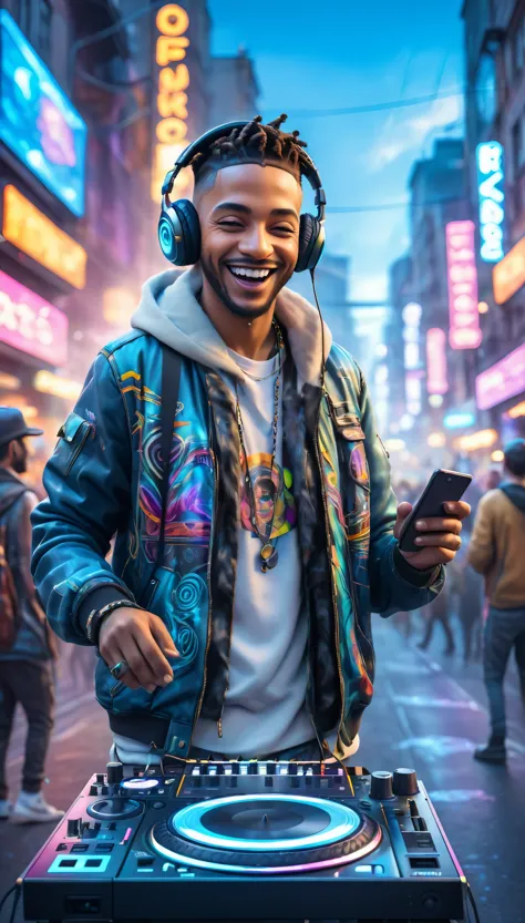 adult men dressed in urban clothes, in an urban landscape, he is a disc jockey and is playing his music to a crowd and holograph...