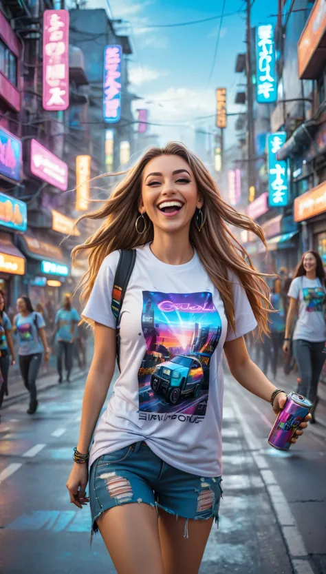 long straight haired adult women dressed in urban clothes t-shirts, In an urban landscape and holographic signs, HAPPY on the ro...