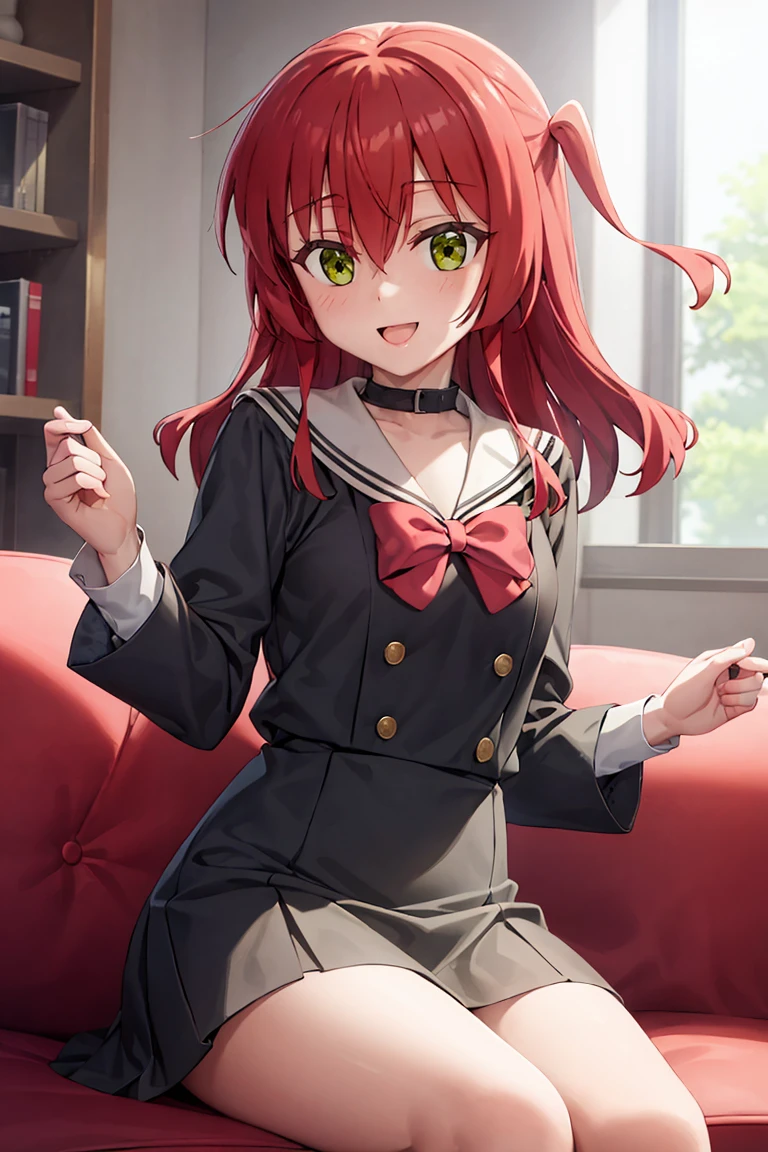 room, 1 Girl, Highest quality, Ultra-high resolution, Long Hair, Redhead, Green Eyes,Sailor suit、mini skirt, Looking at the audience, Small breasts,Thighs、 Sitting on the sofa, , smile, Open your mouth,