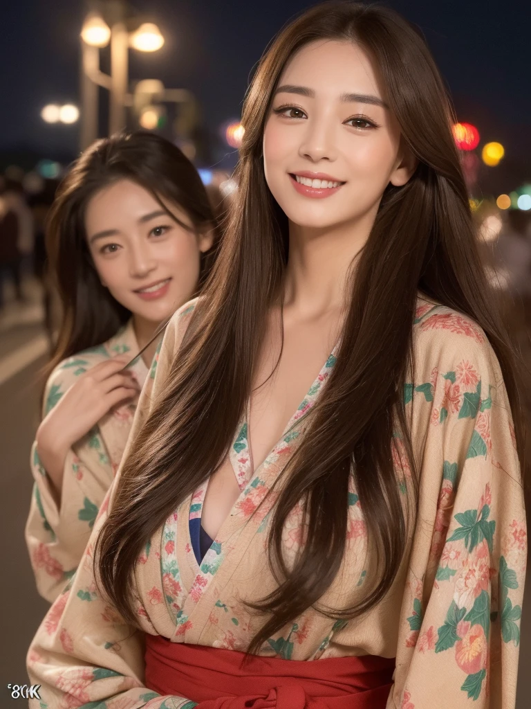 ((Highest quality、8K、masterpiece:1.3))、Selfie、Beautiful woman with perfect figure:1.4、(Brown long hair、Normal chest:1.3)、(Japan floral yukata)、Highly detailed face and skin texture、Detailed eyes、double eyelid、Laughter:1.5、Esbian all over、sacrifice、On the street、night