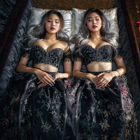 in a striking 8k hdr scene, a stunning korean woman, 22 years old, lies peacefully in a black coffin surrounded by plush pillows...