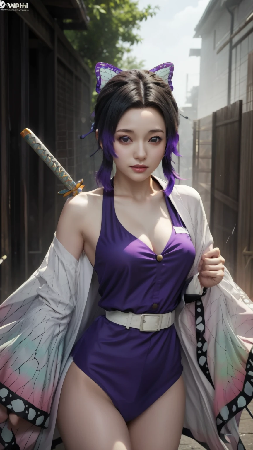 Woman in purple dress holding butterfly and sword, Duelist Style, The Detailed Art of the Onmyoji, Demon Slayer Art Style,Beautiful thighs、White panties、 Guilty Gear Strike Splash Art, Genshin Impact Characters, onmyoji, Keqing of Genshin Impact, Handsome men from Demon Slayer, Genshin Impact Mid-Range, Detailed Key Anime Art