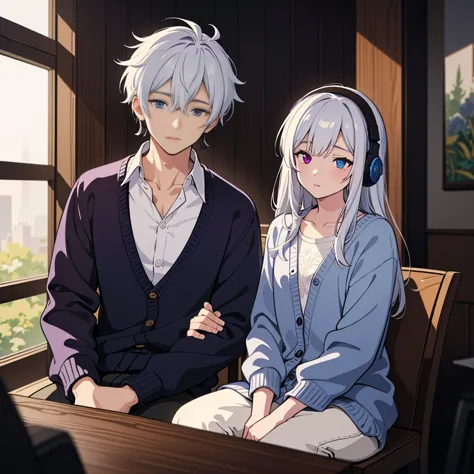 Men with heterochromia, Dark blue and purple eyes, Silvery white hair, Wearing a white shirt, Black cardigan, pants, Earmuffs, S...