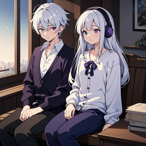 Men with heterochromia, Dark blue and purple eyes, Silvery white hair, Wearing a white shirt, Black cardigan, pants, Earmuffs, S...