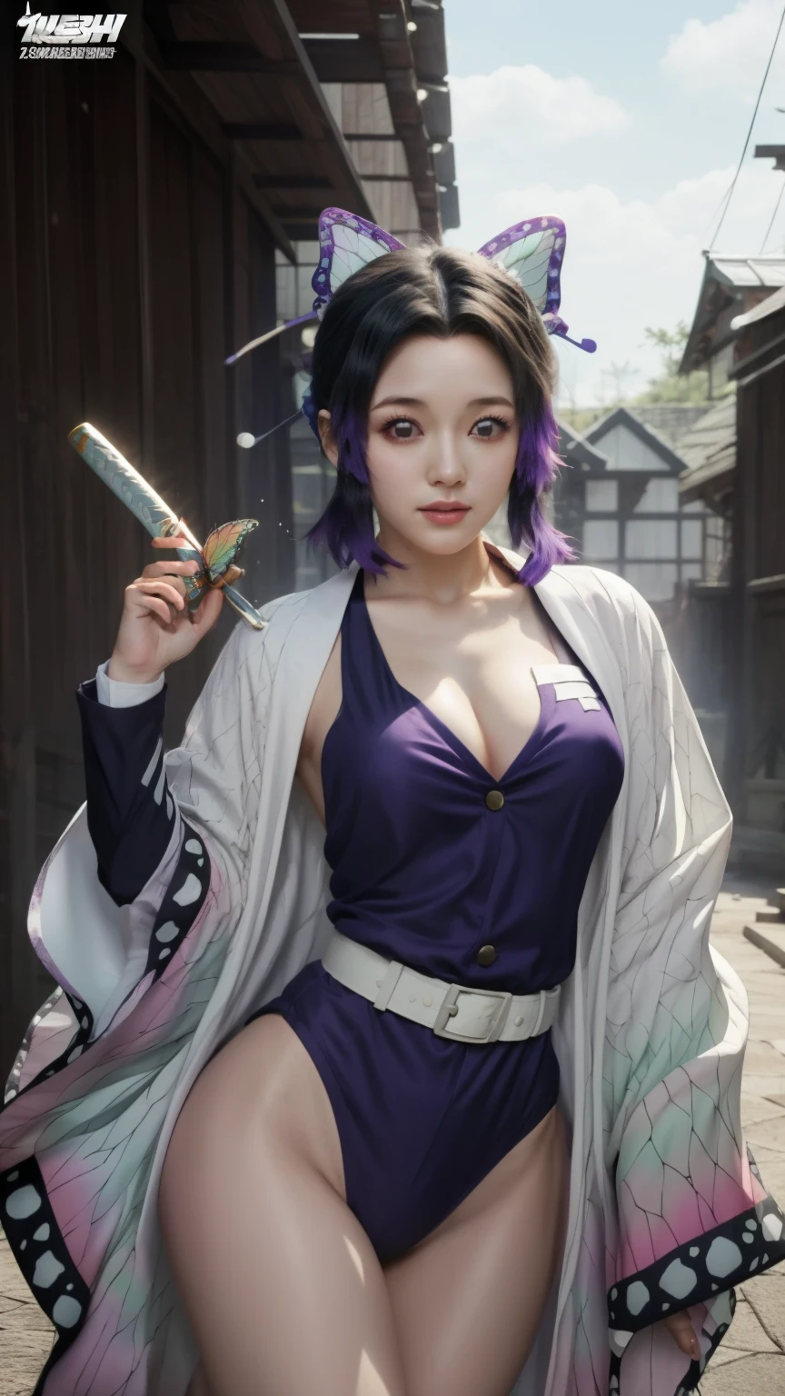 Woman in purple dress holding butterfly and sword, Duelist Style, The Detailed Art of the Onmyoji, Demon Slayer Art Style,Beautiful thighs、White panties、 Guilty Gear Strike Splash Art, Genshin Impact Characters, onmyoji, Keqing of Genshin Impact, Handsome men from Demon Slayer, Genshin Impact Mid-Range, Detailed Key Anime Art