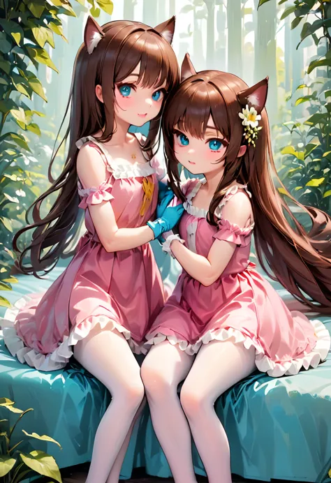 (style-princess) (1 man, 1 catgirl) (hetero, couple) (crossdressing, fully clothed) (brown hair, blue eyes) (portrait) (women's ...