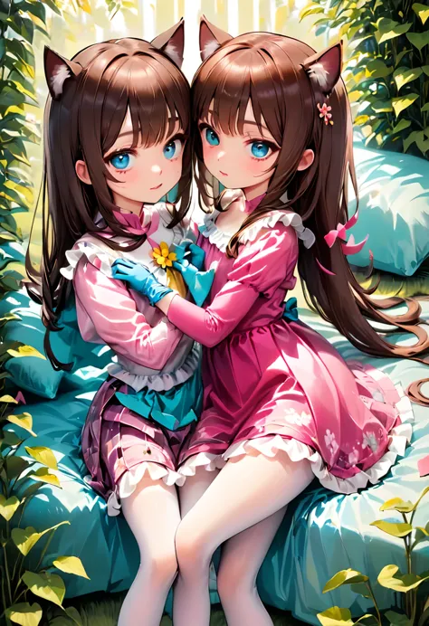 (Style-Princess) (1 man, 1 catgirl) (hetero, couple) (crossdressing, fully clothed) (brown hair, blue eyes) (portrait) (women's ...