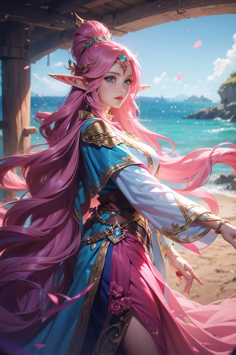 Woman, long wavy hair, pink hair, blue eyes, elf 