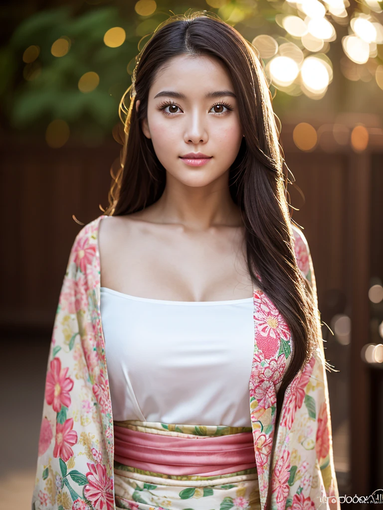 Realistic, Highest quality, 8K, woman, 20-year-old, Sakura pattern kimono, Large bust, Long Hair, Ultra-detailed skin textures, Soft lighting, Fairy, Bokeh