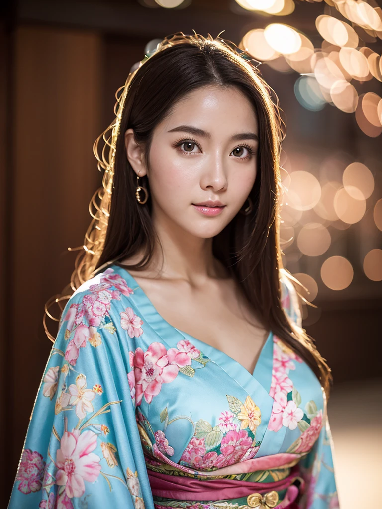 Realistic, Highest quality, 8K, woman, 20-year-old, Sakura pattern kimono, Large bust, Long Hair, Ultra-detailed skin textures, Soft lighting, Fairy, Bokeh