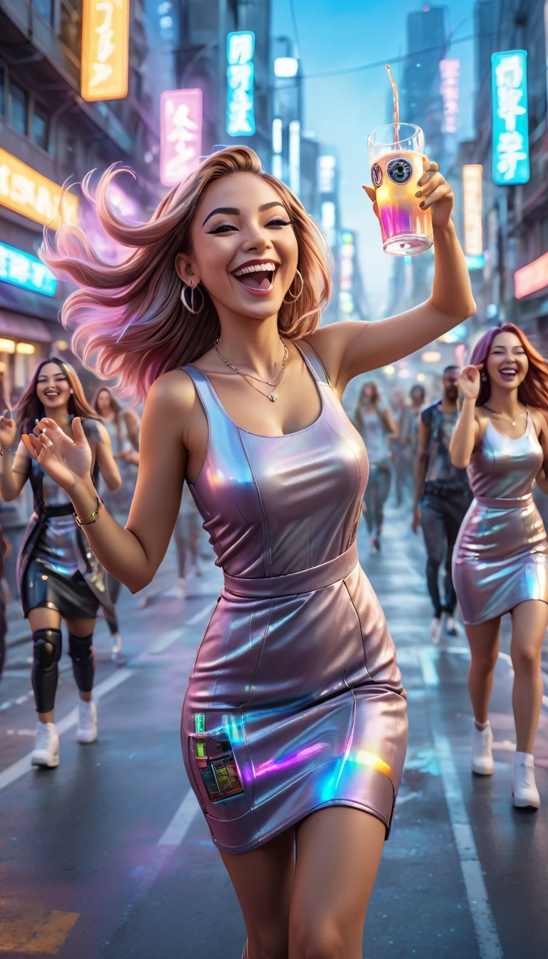 Adult women with straight hair, dressed in urban clothes, plain dresses, In an urban landscape and holographic signs、DANCING HAPPY. HANDS RAISED on the road. are drinking and laughing, The background is modern and cyberpunk, high tech vibe. Lovely Digital Painting, 3D rendering, Bright lighting, swirly vibrant colors. adult people, pessoas bonitas, long  hair