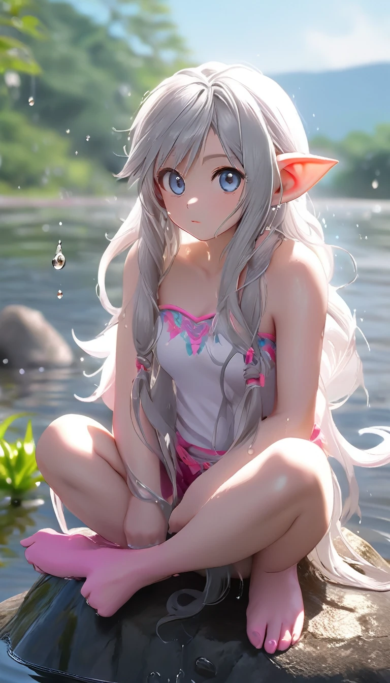 Ayaka, Wet, maceration, (Highest quality,4K,8K,High resolution,masterpiece:1.2),Super detailed,(Actual,Realistically,Realistically:1.37), Gray Hair, Giant boolo monkey title blue eyes, pink，moisture，Sitting on a rock by the lake， the camera， Water droplets fall, Glowing Skin，Sweaty，There&#39;s something unknown about the body，Smile, Mid-chest,  