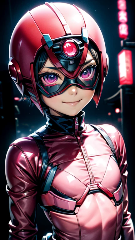 (8K),(obra maestra),(japonés),( chica),((mirada inocente)),((Infantil)),desde el frente,sonrisa,lindo,inocente,ojos amables,pecho plano, Sarada uchiha,Kamen Rider,Casco rojo,pink superhero mask,Camisa,sin cabello,Noche,dark, Luz de neón cyberpunk pueblo de Konoha