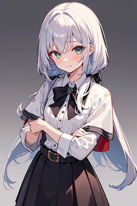 blush, 1 girl, smile, alone, green_eye, closed_mouth, 前hair, black_skirt, blackリボン, virtual_youtuber, silver_hair, simple_backgr...