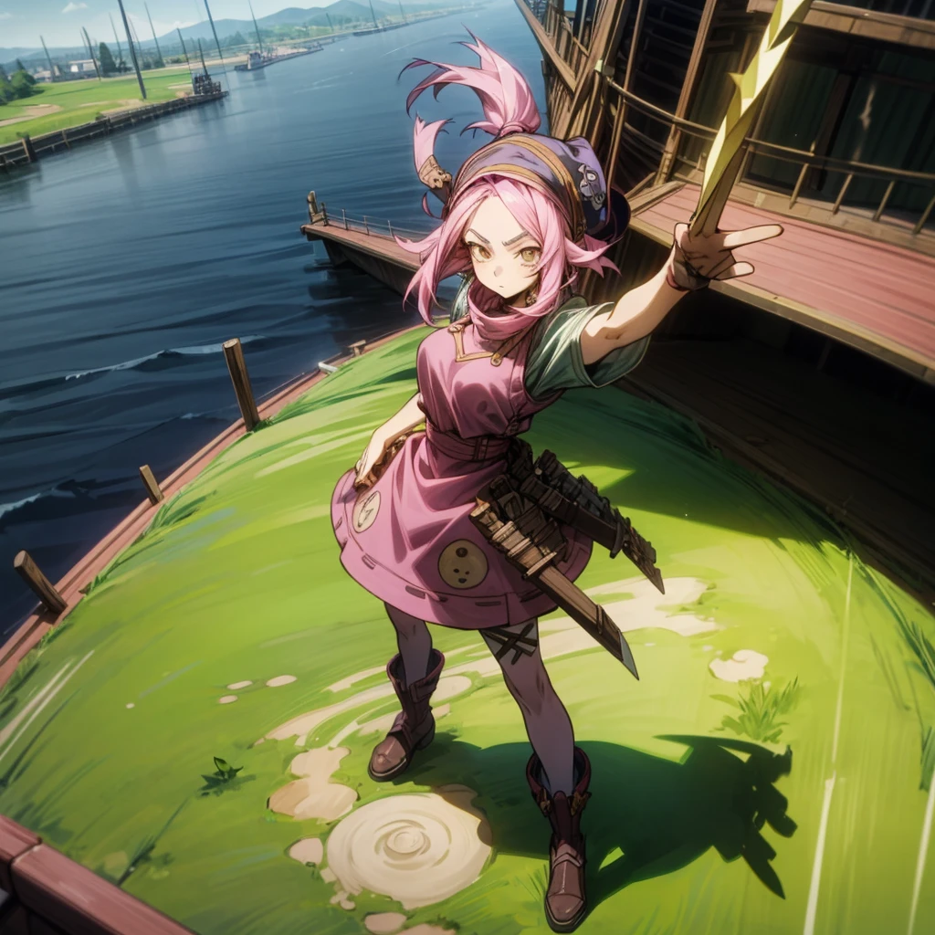 1girl, Full body version, 1character, adult girl version, gold eyes color, long haircut, pink colour hair, Farmer villager style clothing, blue colour clothing, pirate hat, knife in hand, Grassroots, background in big ship, motion blur, (Hunter x Hunter style), standing gesture, high angle view 