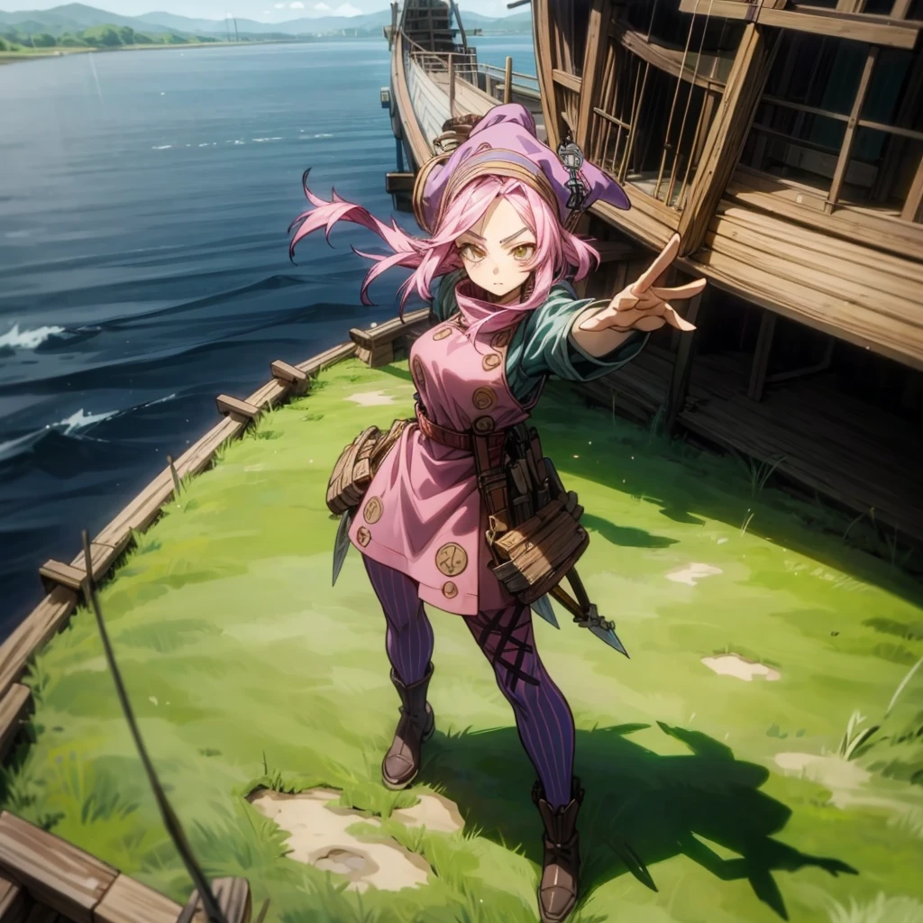 1girl, Full body version, 1character, adult girl version, gold eyes color, long haircut, pink colour hair, Farmer villager style clothing, blue colour clothing, pirate hat, knife in hand, Grassroots, background in big ship, motion blur, (Hunter x Hunter style), standing gesture, high angle view 