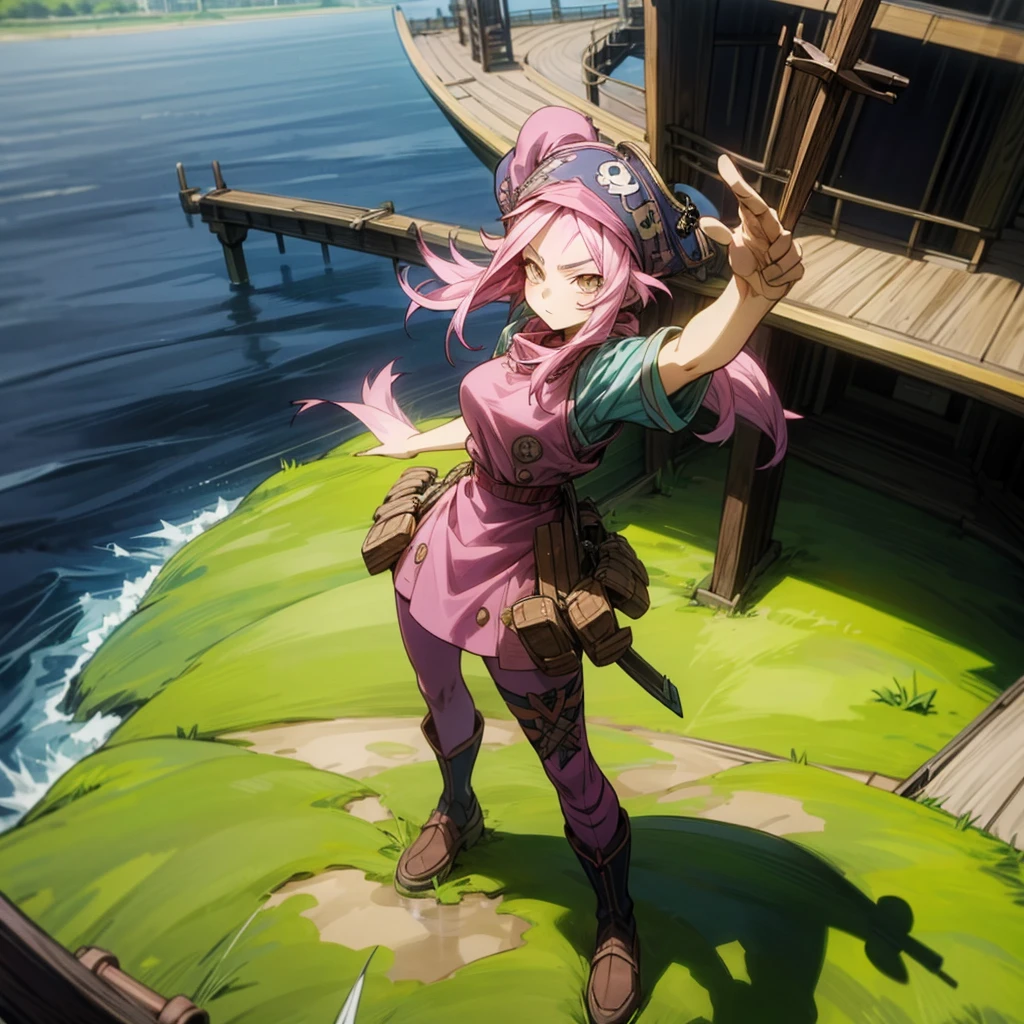 1girl, Full body version, 1character, adult girl version, gold eyes color, long haircut, pink colour hair, Farmer villager style clothing, blue colour clothing, pirate hat, knife in hand, Grassroots, background in big ship, motion blur, (Hunter x Hunter style), standing gesture, high angle view 