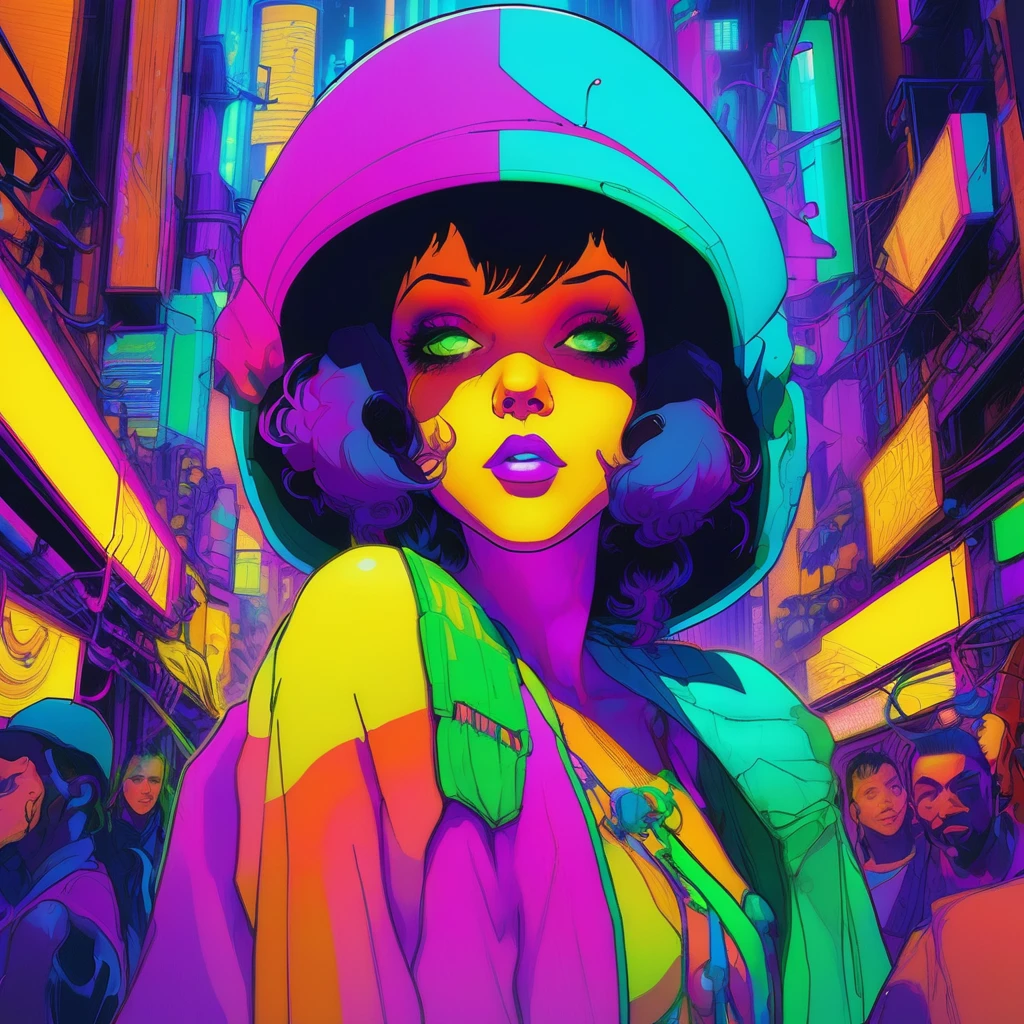 portrait | wide angle shot of eyes off to one side of frame, cyberpunk style woman, looking off in distance ::8 style | daydreampunk with glowing skin and eyes, styled in headdress, beautiful, she is dripping in neon warm neon lights, very colorful yellow, red, violet, bioluminescent, glowing ::8 background | cyberpunki alley, vivid neon wonderland, particles, blue, green, purple ::7 parameters | rule of thirds, golden ratio, assymetric composition, hyper- maximalist, octane render, photorealism, cinematic realism, unreal engine, 8k