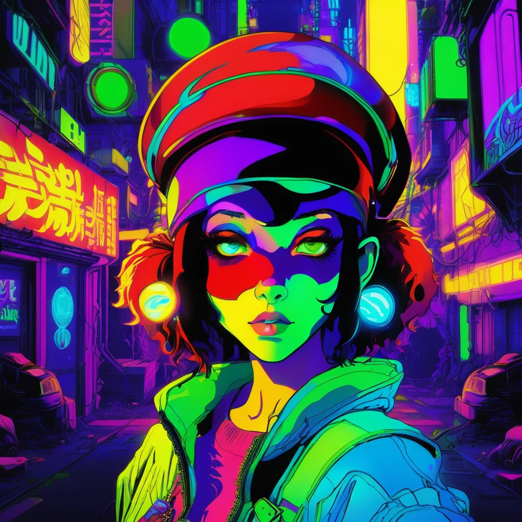 portrait | wide angle shot of eyes off to one side of frame, cyberpunk style woman, looking off in distance ::8 style | daydreampunk with glowing skin and eyes, styled in headdress, beautiful, she is dripping in neon warm neon lights, very colorful yellow, red, violet, bioluminescent, glowing ::8 background | cyberpunki alley, vivid neon wonderland, particles, blue, green, purple ::7 parameters | rule of thirds, golden ratio, assymetric composition, hyper- maximalist, octane render, photorealism, cinematic realism, unreal engine, 8k