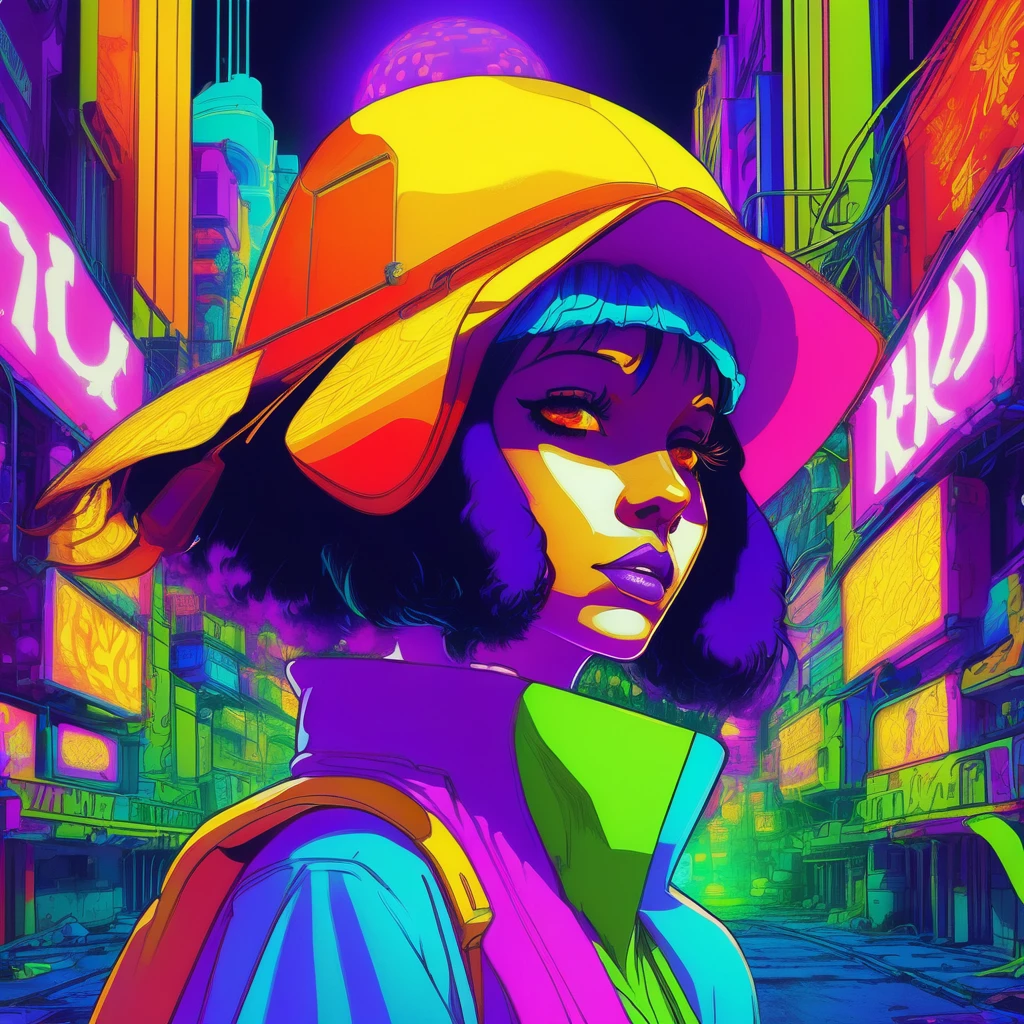 portrait | wide angle shot of eyes off to one side of frame, cyberpunk style woman, looking off in distance ::8 style | daydreampunk with glowing skin and eyes, styled in headdress, beautiful, she is dripping in neon warm neon lights, very colorful yellow, red, violet, bioluminescent, glowing ::8 background | cyberpunki alley, vivid neon wonderland, particles, blue, green, purple ::7 parameters | rule of thirds, golden ratio, assymetric composition, hyper- maximalist, octane render, photorealism, cinematic realism, unreal engine, 8k