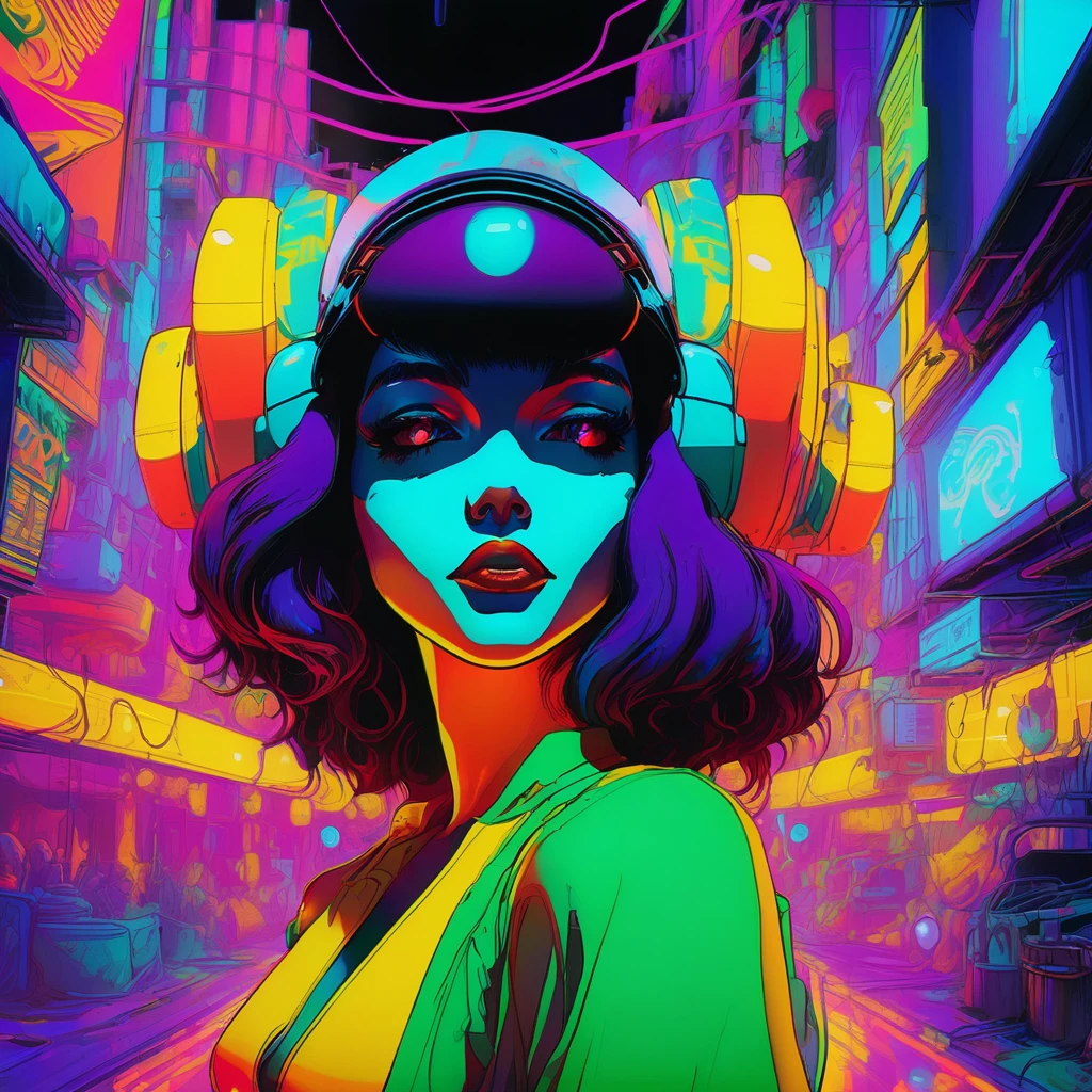 portrait | wide angle shot of eyes off to one side of frame, cyberpunk style woman, looking off in distance ::8 style | daydreampunk with glowing skin and eyes, styled in headdress, beautiful, she is dripping in neon warm neon lights, very colorful yellow, red, violet, bioluminescent, glowing ::8 background | cyberpunki alley, vivid neon wonderland, particles, blue, green, purple ::7 parameters | rule of thirds, golden ratio, assymetric composition, hyper- maximalist, octane render, photorealism, cinematic realism, unreal engine, 8k