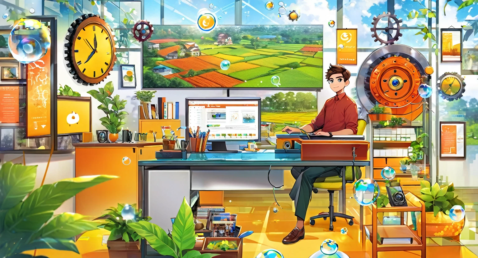 (Bangladesch)), poster image of a vibrant landscape of Bangladesch, wo Tradition und Technologie zusammentreffen, ein Smart Village entsteht. Bangladeschi boy sitting at a desk with a computer monitor in front of them. ikonografische Elemente, die auf eine digitale oder bürobezogene Arbeitsumgebung hindeuten, wie z.B. Zahnräder, eine Uhr, Chat-Blasen, und ein Sicherheitsschlosssymbol. Auf der linken Seite des Bildes befindet sich auch Blattwerk, das zur Dekoration des Settings beiträgt. Dieses Bild könnte für Themen im Zusammenhang mit Remote-Arbeit relevant oder interessant sein, Büroeinstellungen, digitale Kommunikation, oder die Verwendung eines Personalcomputers.