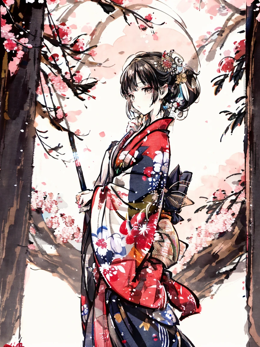 {Extremely detailed 8K wallpaper}, {Masterpiece}, {Best Quality}，Alone，full body shot，Okita Souji，short hair, kimono，celestial haori. cherry tree