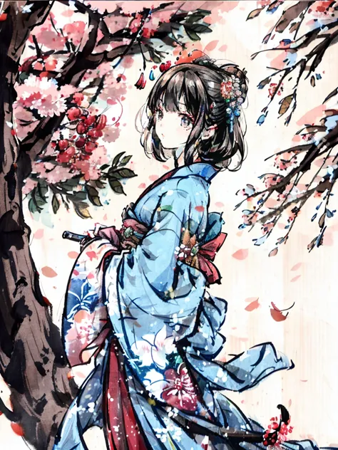 {extremely detailed 8k wallpaper}, {masterpiece}, {best quality}，alone，full body shot，okita souji，short hair, kimono，celestial h...