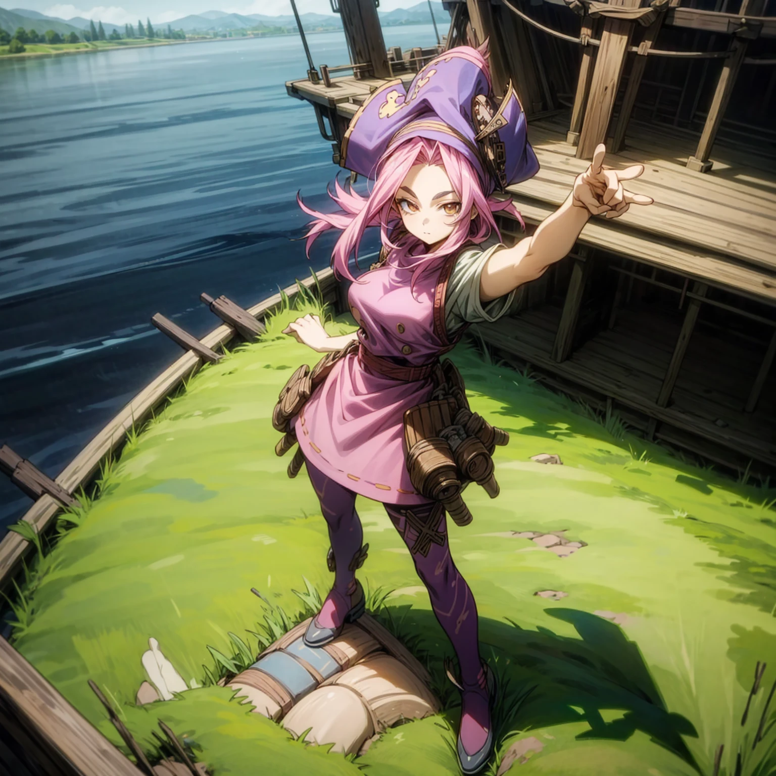 1girl, Full body version, 1character, adult girl version, gold eyes color, long haircut, pink colour hair, Farmer villager style clothing, blue colour clothing, pirate hat, knife in hand, Grassroots, background in big ship, motion blur, (Hunter x Hunter style), standing gesture, high angle view 