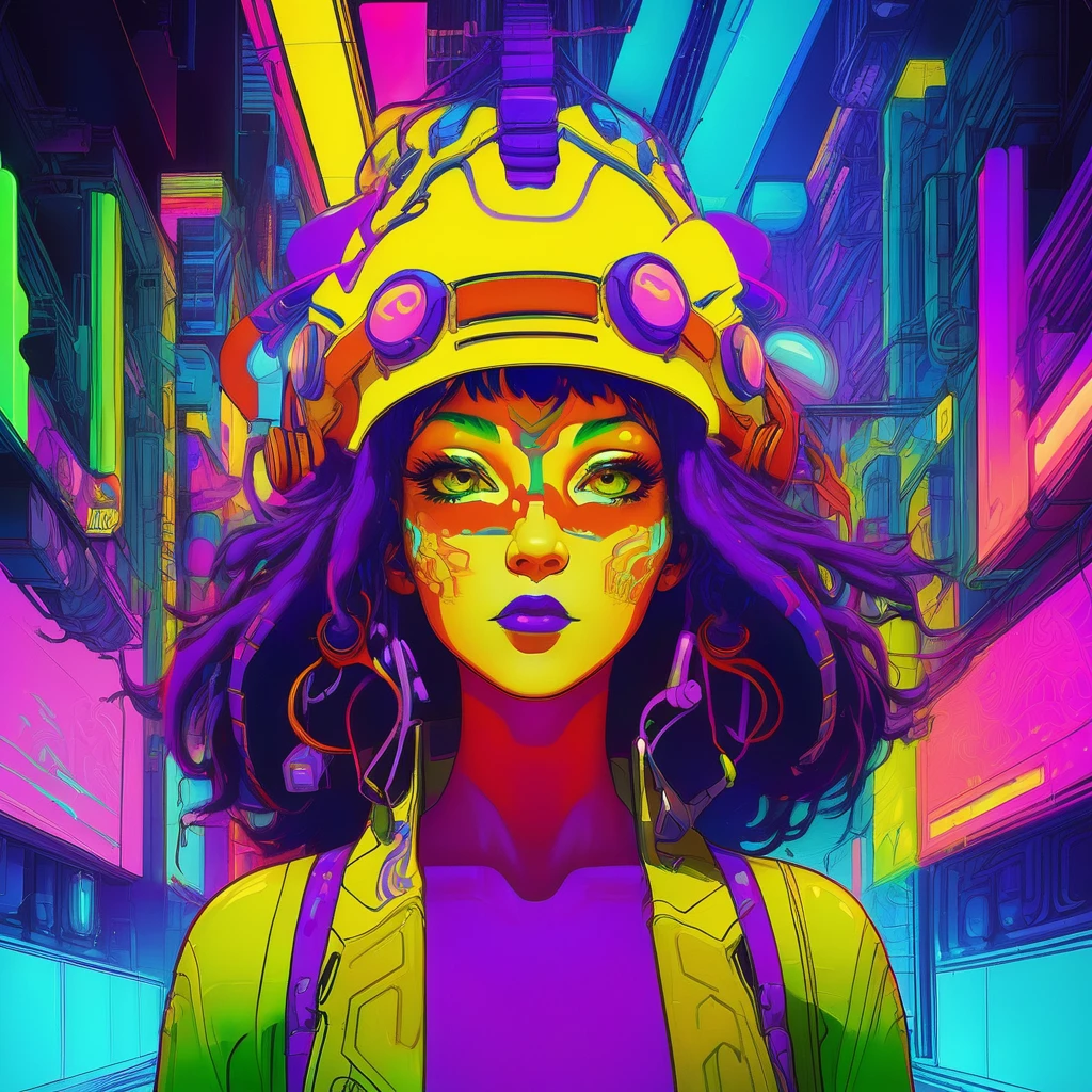 portrait | wide angle shot of eyes off to one side of frame, cyborg style woman, long long hair, looking off in distance ::8 style | daydreampunk with glowing skin and eyes, styled in headdress, beautiful, she is dripping in neon warm neon lights, very colorful yellow, red, violet, bioluminescent, glowing ::8 background | cyberpunki alley, vivid neon wonderland, particles, blue, green, purple ::7 parameters | rule of thirds, golden ratio, assymetric composition, hyper- maximalist, octane render, photorealism, cinematic realism, unreal engine, 8k