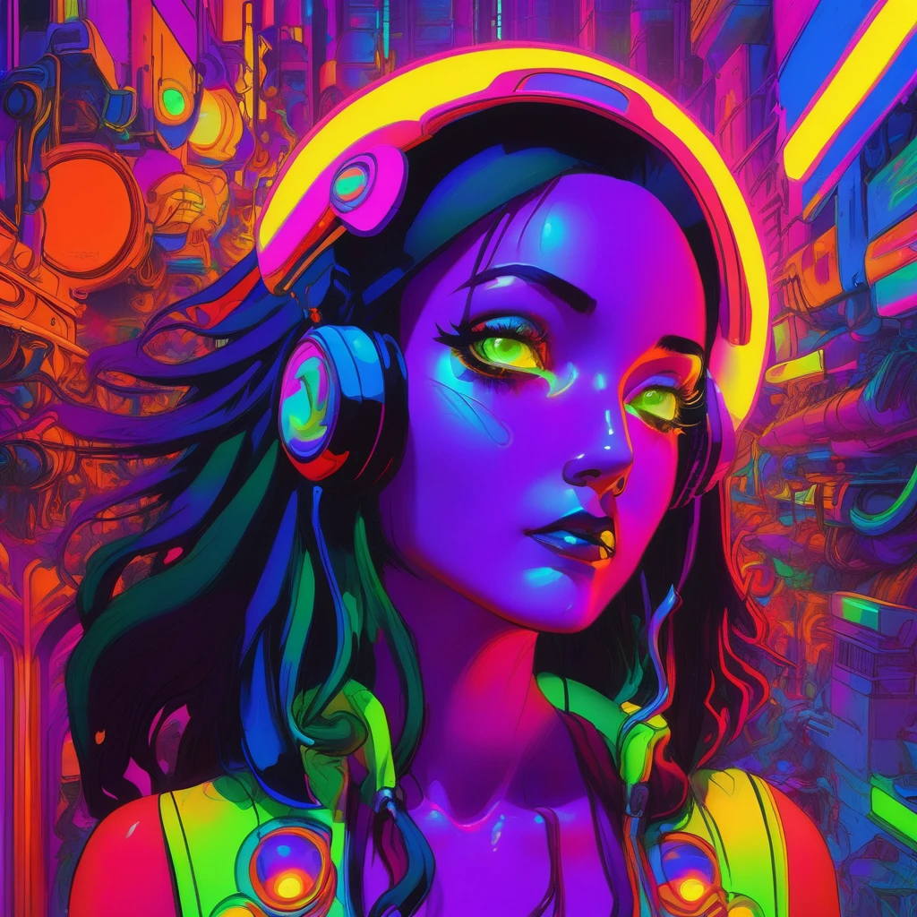 portrait | wide angle shot of eyes off to one side of frame, cyborg style woman, long long hair, looking off in distance ::8 style | daydreampunk with glowing skin and eyes, styled in headdress, beautiful, she is dripping in neon warm neon lights, very colorful yellow, red, violet, bioluminescent, glowing ::8 background | cyberpunki alley, vivid neon wonderland, particles, blue, green, purple ::7 parameters | rule of thirds, golden ratio, assymetric composition, hyper- maximalist, octane render, photorealism, cinematic realism, unreal engine, 8k