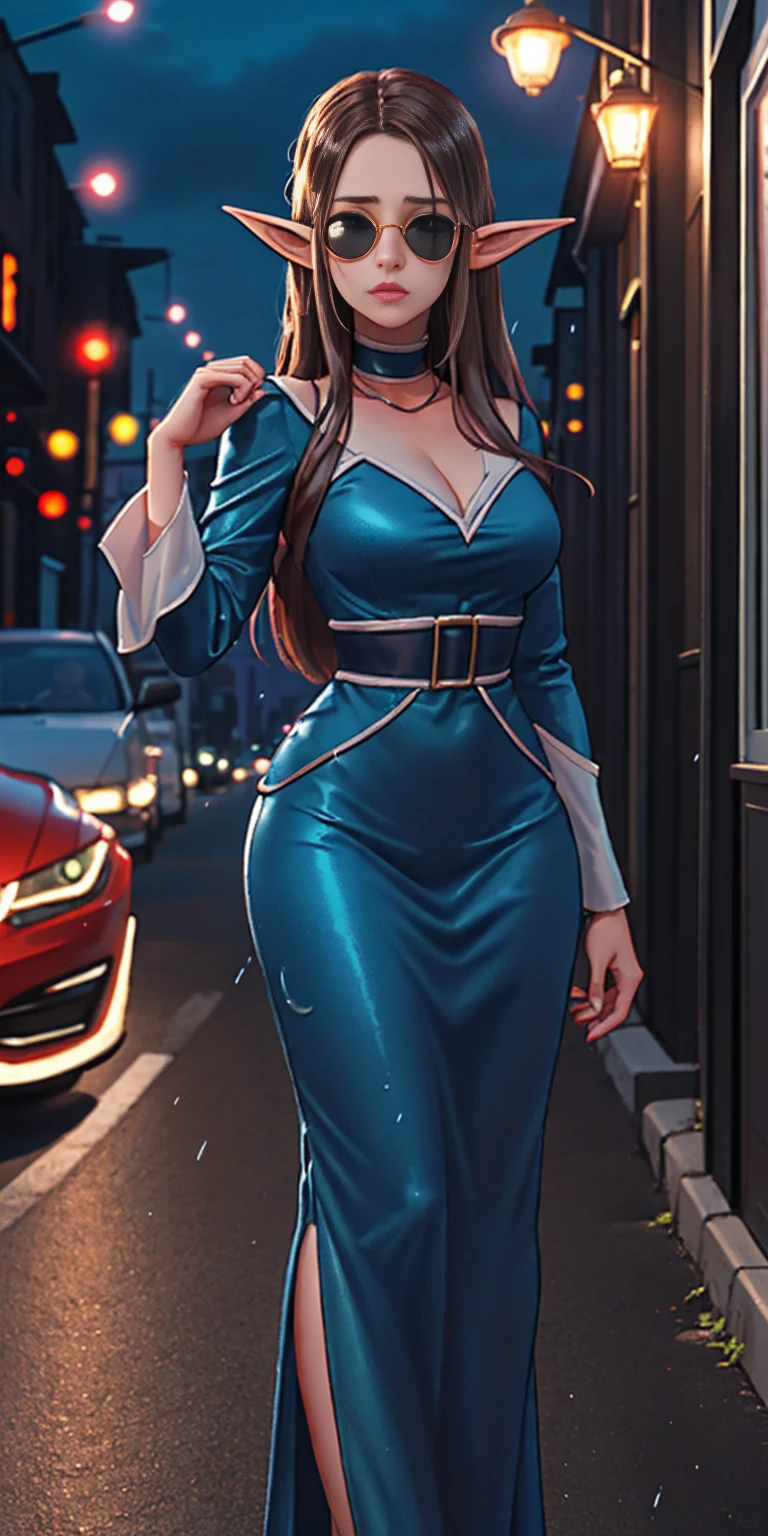 Setting: Atmospheric Street Background (Think bustling city street at night with neon lights and rain, a foggy alleyway, or a deserted highway at dusk) - Choose the specific atmosphere you desire. Character: Appearance: Ultra Quality - High level of detail and realism Shiny Skin - Glowing and healthy Long wet Hair - Flowing down the back Narrowed Eyes - Focused and intense expression (sharp or piercing) Attire: Long Dress - Elegant and flowing Pose: Fingers Crossed - A gesture hinting at hope, nervousness, or even making a wish. Accessories: Sunglasses - Adding a touch of mystery or coolness (consider the style of sunglasses to match the overall mood) Additional Notes: Consider adding details about the character's posture (standing tall, leaning against a wall, etc.) to enhance the scene. The quality of the image is 8K or Cinematic elf woman praying hands