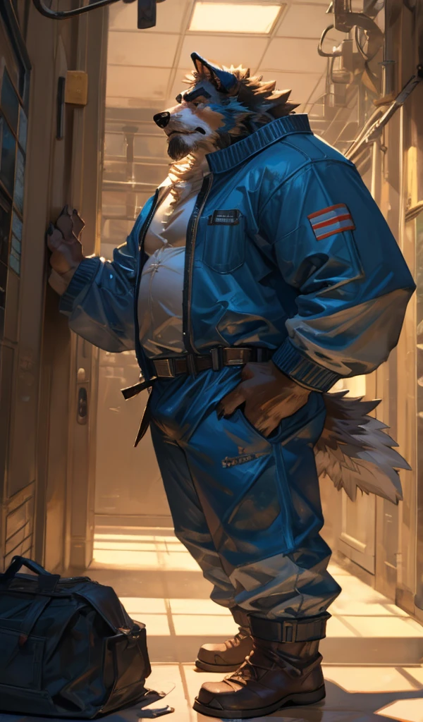 By Taran Fiddler, one man, anthro canine (Bearded Collie breed), adult male, elderly, slightly wrinkled face, bushy eyebrows, stern facial expression, grumpy, bushy mustache, mustache covering mouth, slightly short height, dilf, hands on his hips. standing in a hallway, wearing plain blue track suit, leaning against wall, oil rig, inside