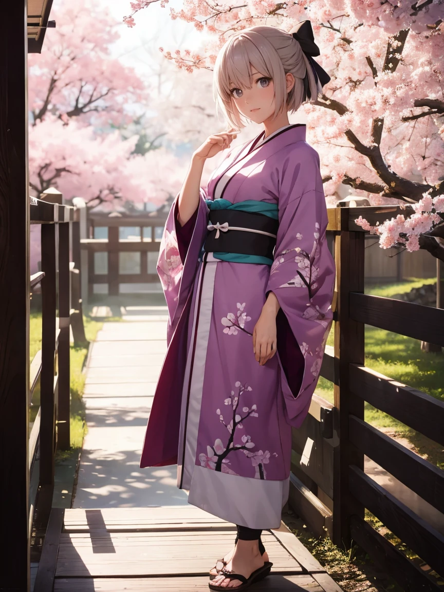 {Extremely detailed 8K wallpaper}, {Masterpiece}, {Best Quality}，Alone，full body shot，Okita Souji，short hair, kimono，celestial haori. cherry tree