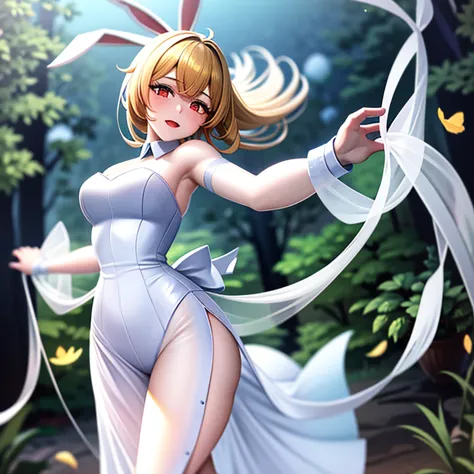 ​masterpiece: Teen Alice, in the middle of the forest wearing a long white dress, Delicate and graceful, dancing, swirling aroun...