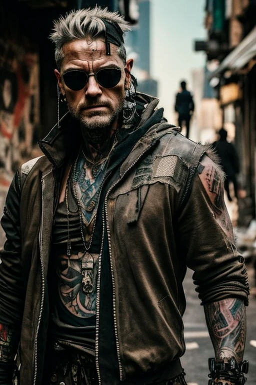 cyberpunk, Scavenger, man, dressed in rags, tattoos