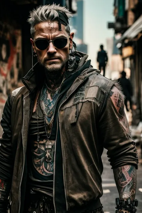 cyberpunk, scavenger, man, dressed in rags, tattoos