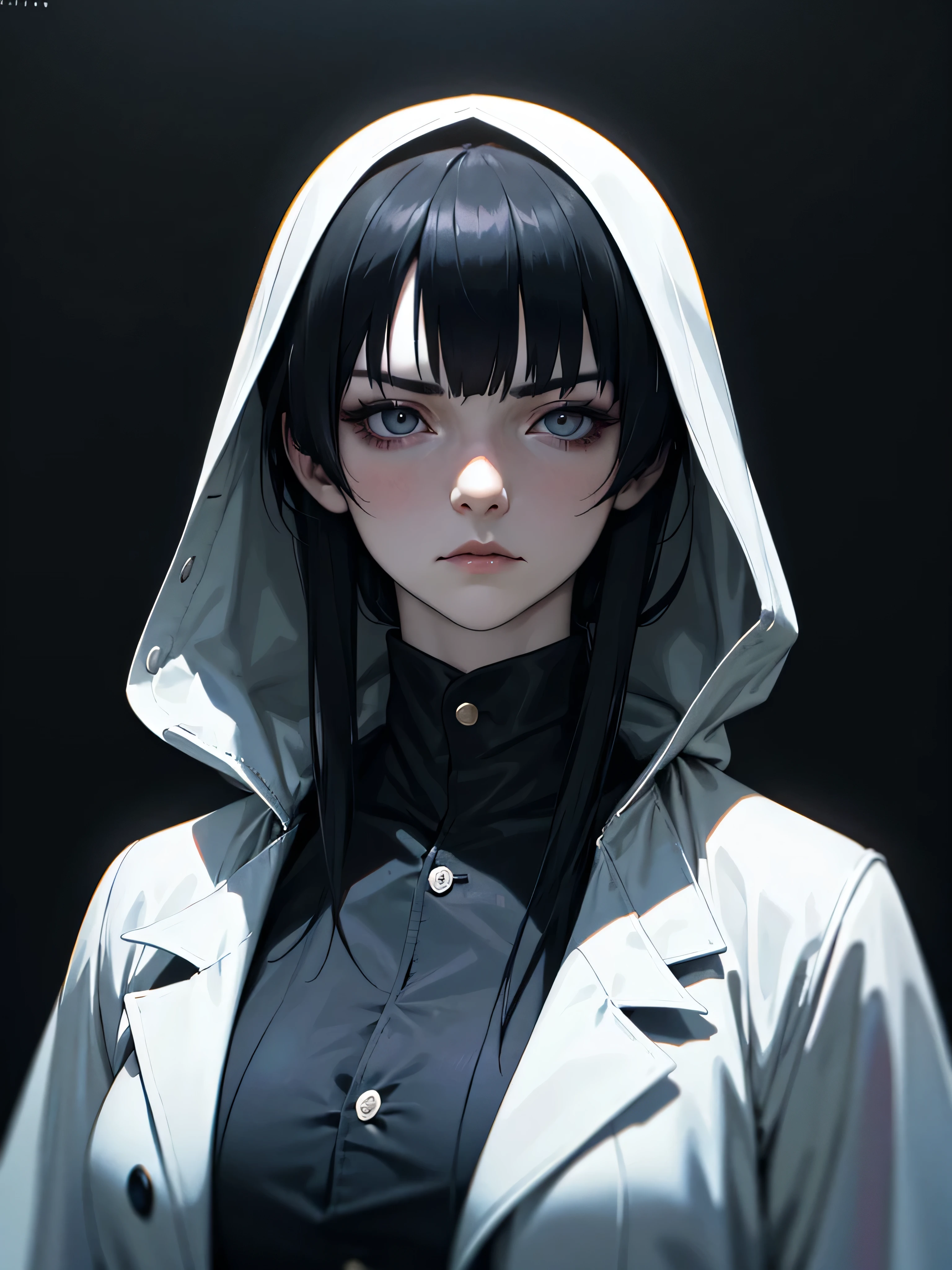 ((Portrait)), She has an Indifferent, Black-Haired Appearance, with a Slim, Graceful Build. She Expresses a Cold and Detached Look, Giving Off an Unapproachable and Mysterious Attitude. She has Pale Skin and Deep, Dark Eyes, Her Hair is Long, Straight, and Black. ((Portrait, HDR, Dark Background))