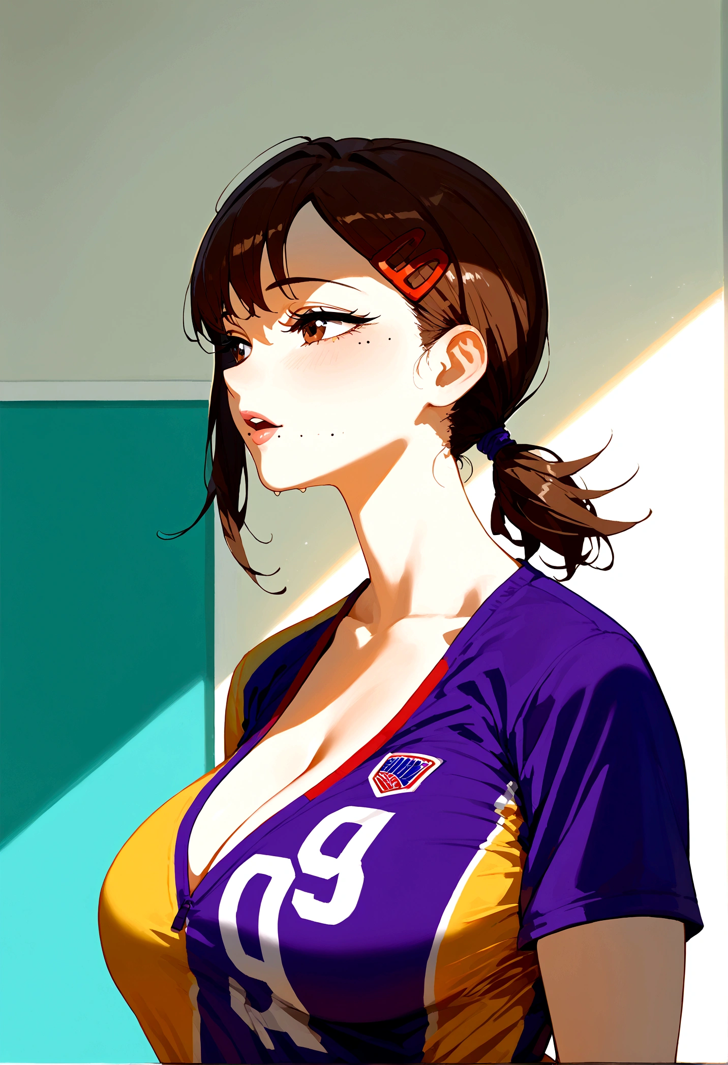 score_9, score_8_up, score_7_up, score_6_up,score_5_up,score_4_up, BREAK ,big breasts, 1girl, solo, kobenidef, mole under eye, mole under mouth, single sidelock, short ponytail, hairclip, brown hair, brown eyes, wearing nba jersey, lakers jersey, yellow and purple lakers jersey, Los Angeles lakers jersey 