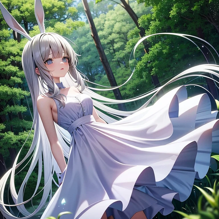 ​masterpiece: Teen Alice, in the middle of the forest wearing a long white dress, Delicate and graceful, dancing, swirling around, in the moonlight, lovely gaze, with bunny ears, best qualityer, 8K, anime styling
