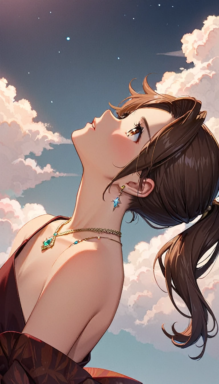 Highest quality、Masseter region、Very detailed、8ｋ、alone、(((Cute 18 year old Japanese、Brown Hair、ponytail、look up_Away:1.2、Look at the sky)))、From behind、Gorgeous brown dress、Gorgeous necklace and earrings with diamonds、
